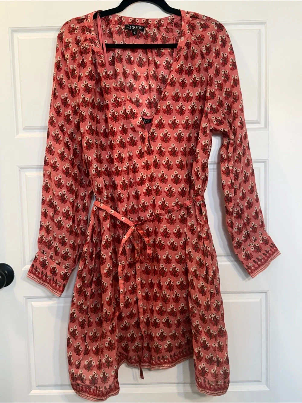 J. Crew Red/Pink Floral Cabana Mini Dress, Long Sleeve, 100% Ramie large